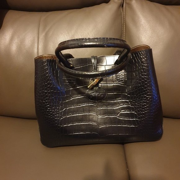 Longchamp Roseau Black Croc Embossed Leather Tote Handbag - Picture 4 of 6